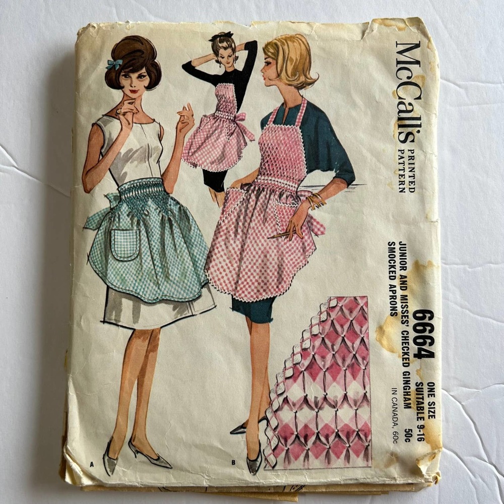 McCalls Vintage 1960's Pattern #6664 Junior and Misses Smocked Aprons OS